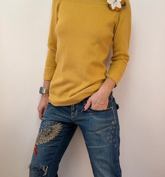 Autograph Womens Pure 100% Cashmere Mustard Fitted Jumper Boat neck UK 12 Flower