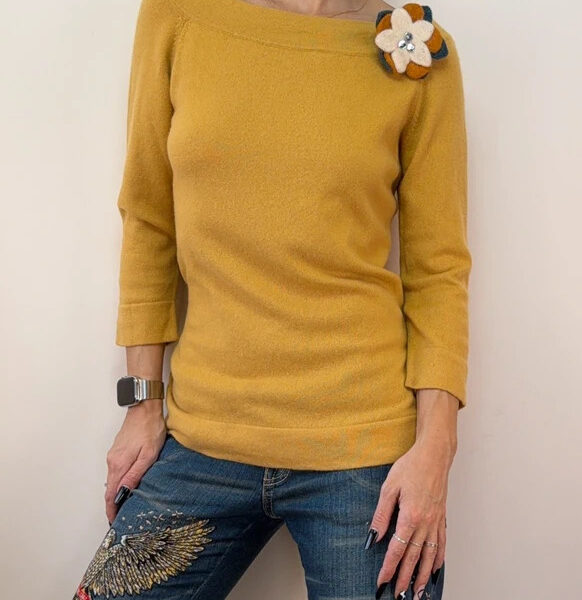Autograph Womens Pure 100% Cashmere Mustard Fitted Jumper Boat neck UK 12 Flower