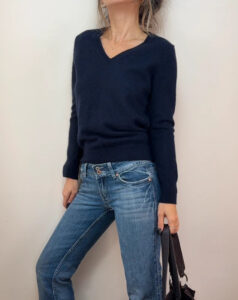 Uniqlo Women's Pure 100% Cashmere V-Neck Fitted Jumper Navy Blue