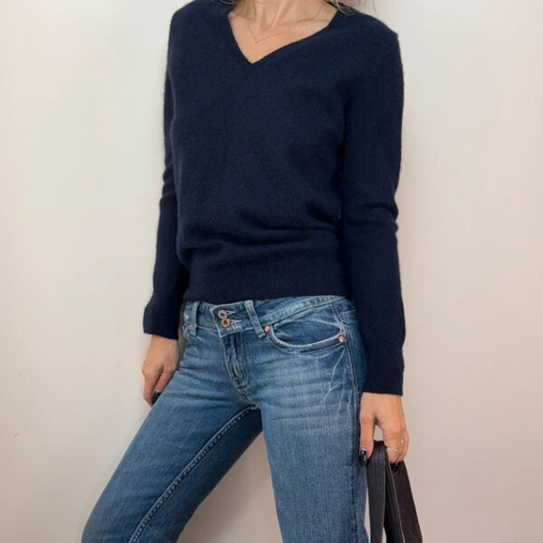 Uniqlo Womens Pure 100% Cashmere V-Neck Fitted Jumper Navy Blue UK 8-10 knit