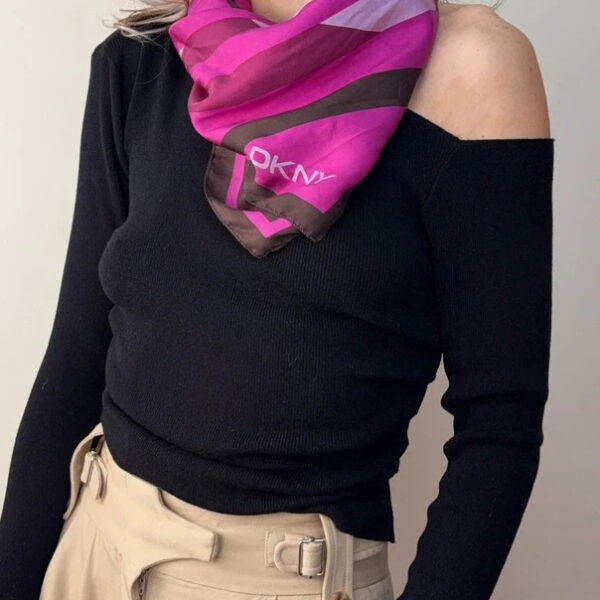 DKNY Vintage Y2K Monogram Logo Pink Brown Pure 100% Silk Scarf Made in Italy Headscarf