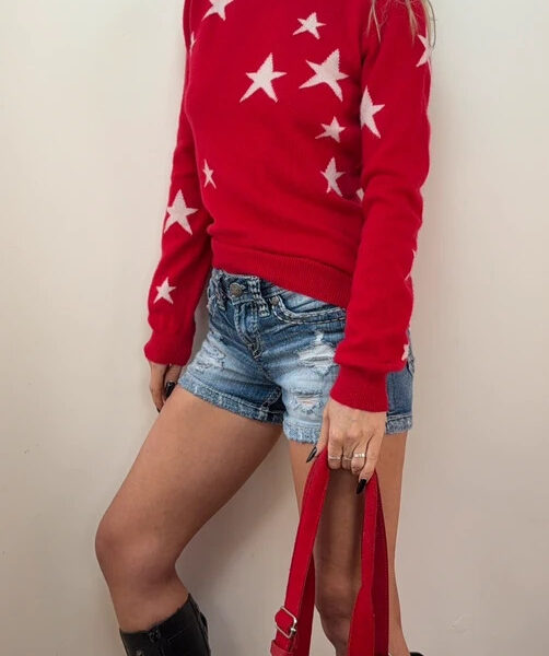 Clements Ribeiro Womens 100% Cashmere Red White Star Jumper UK 12-14 Luxury Knit