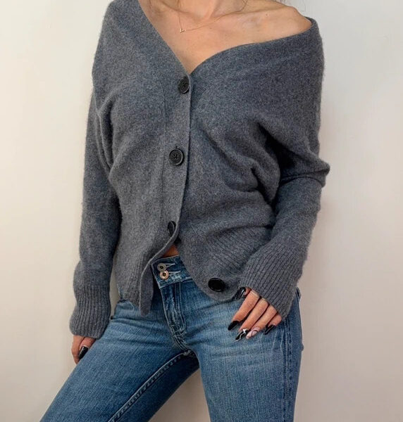 Equipment Femme womens 100% Cashmere Grey Oversized Button V-Neck Cardigan UK12