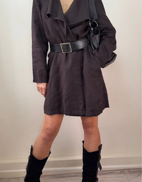 EAST Womens Brown 100% Linen Draped Waterfall Long Jacket Coat UK 12-14