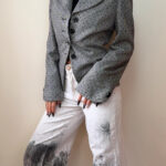 Michel Ambers 90s Grey Black Wool Velvet Polka Dot Fitted Peplum Blazer UK10-12 Flare Sleeve