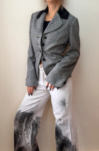 Michel Ambers 90s Grey Black Wool Velvet Polka Dot Fitted Peplum Blazer