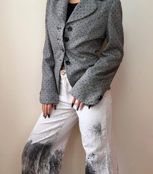Michel Ambers 90s Grey Black Wool Velvet Polka Dot Fitted Peplum Blazer UK10-12 Flare Sleeve