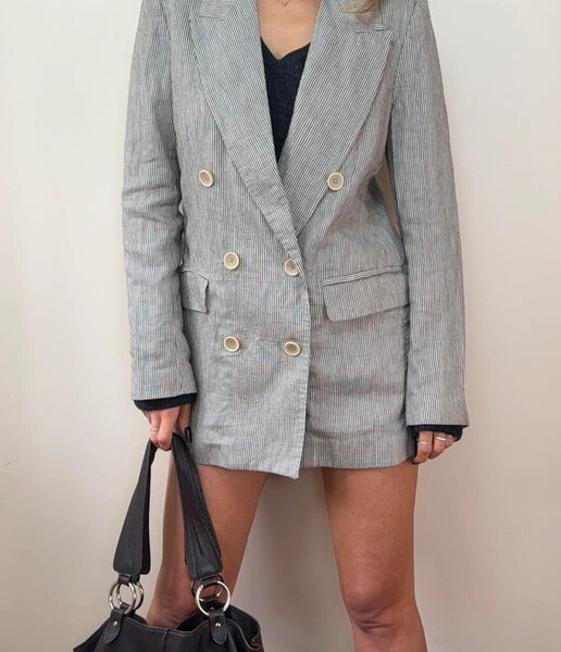 ZARA Womens Linen Blend Pinstripe Fitted Long Blazer UK 10/12 Neutral Minimalist