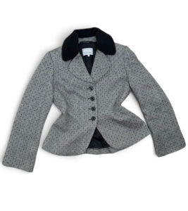 Michel Ambers 90s Grey Black Wool Velvet Polka Dot Fitted Peplum Blazer — photo 2 of 12