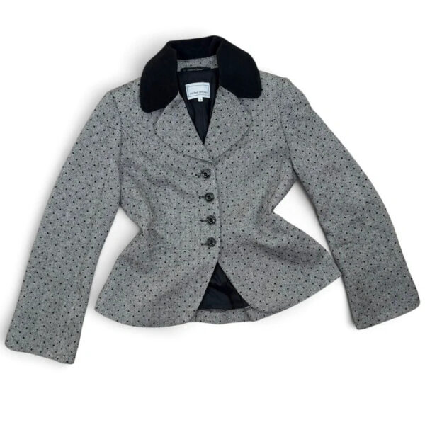 Michel Ambers 90s Grey Black Wool Velvet Polka Dot Fitted Peplum Blazer UK10-12 Flare Sleeve