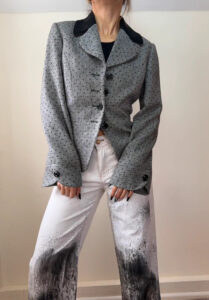 Michel Ambers 90s Grey Black Wool Velvet Polka Dot Fitted Peplum Blazer — photo 3 of 12
