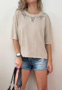M&S Women's Beige Wool Floral Embroidered Knit Short Sleeve Top