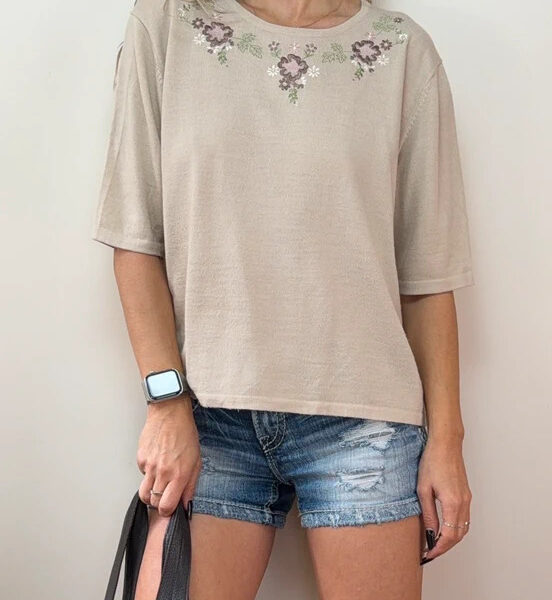 M&S Womens Beige Wool Floral Embroidered Knit Short Sleeve Top UK 16-18