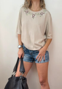 M&S Women's Beige Wool Floral Embroidered Knit Short Sleeve Top — photo 2 of 8