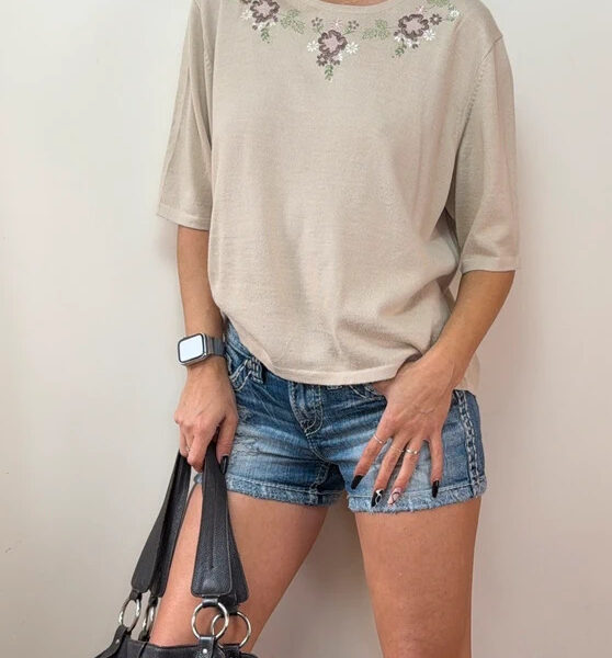 M&S Womens Beige Wool Floral Embroidered Knit Short Sleeve Top UK 16-18