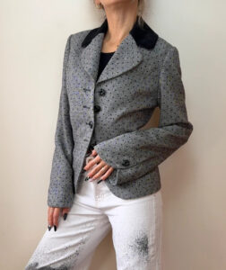 Michel Ambers 90s Grey Black Wool Velvet Polka Dot Fitted Peplum Blazer — photo 4 of 12