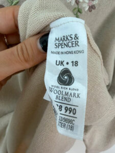 Label on a Marks & Spencer piece, UK 16