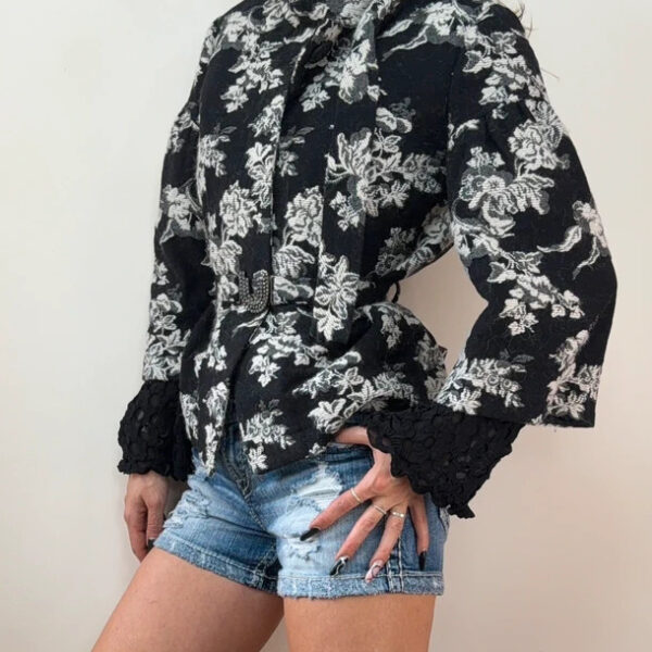 Emanuel Ungaro Fuchsia Women black floral wool jacquard belted jacket flare UK10
