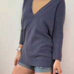 Duffy Womens Blue Grey 100% cashmere deep V-neck oversized longline jumper UK12