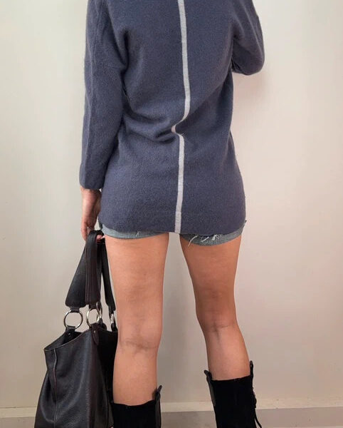 Duffy Womens Blue Grey 100% cashmere deep V-neck oversized longline jumper UK12