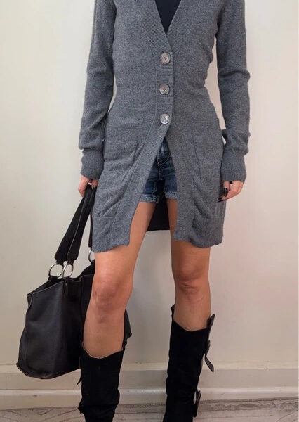 Repeat Womens 100% Cashmere grey longline fitted button cardigan UK 8-10 v-neck