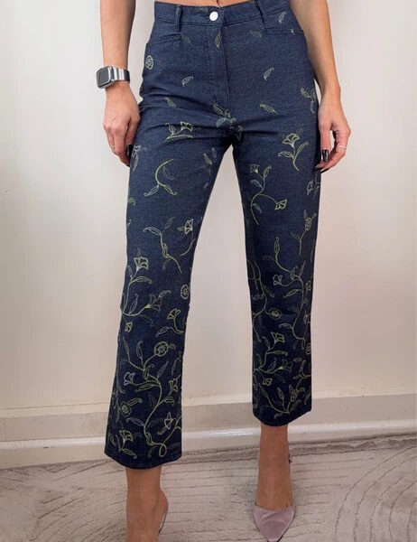 Bianca Womens indigo high 11” rise embroidered floral capri jeans W27L25 UK 8-10