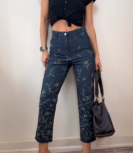 Bianca Womens indigo high 11” rise embroidered floral capri jeans W27L25 UK 8-10