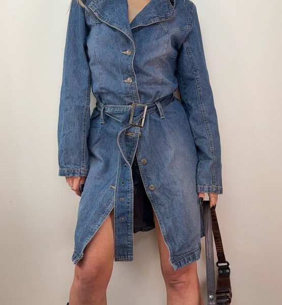 Pink Jeans Womens button denim fitted trench coat belted long jacket UK 10-12