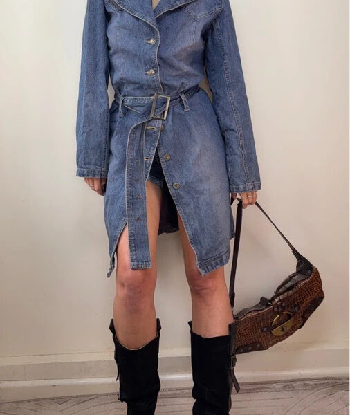 Pink Jeans Womens button denim fitted trench coat belted long jacket UK 10-12