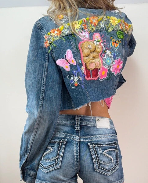 Miss Sixty womens custom Y2K cropped denim jacket embroidered rhinestone UK8/16