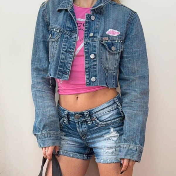 Miss Sixty womens custom Y2K cropped denim jacket embroidered rhinestone UK8/16