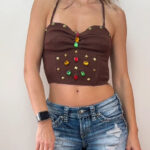 Intrigo women brown embellished ruched corset fitted top jewel rhinestone UK8-10