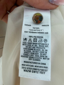 Label on a Ted Baker piece, UK 8