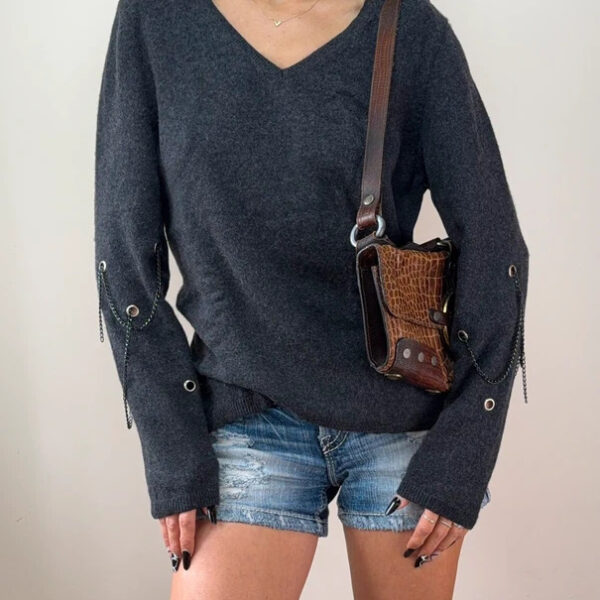N.Peal custom womens 100% cashmere V-neck jumper metal chain eyelet grey UK 8-12