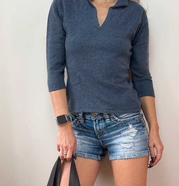 Brora Scotland Womens 100% cashmere grey blue collared fitted polo jumper UK8–10
