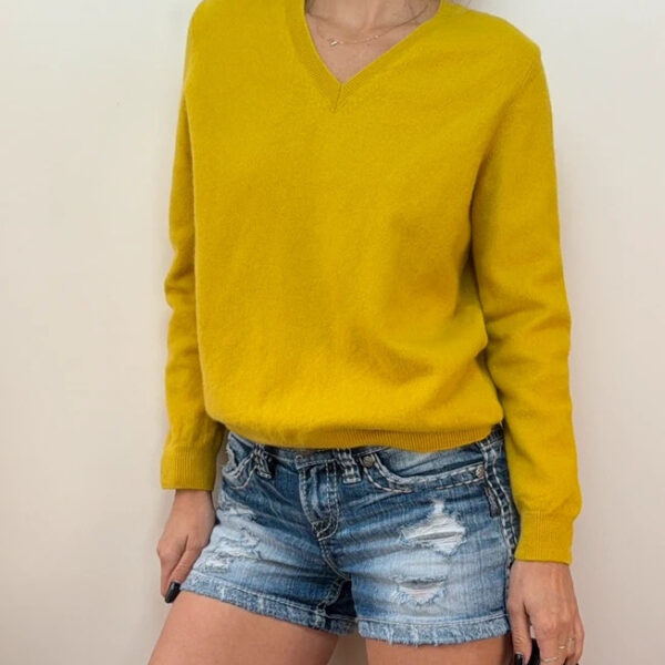 M&S Womens 100% Cashmere Yellow V-Neck Jumper Relaxed Sweater UK 8-10
