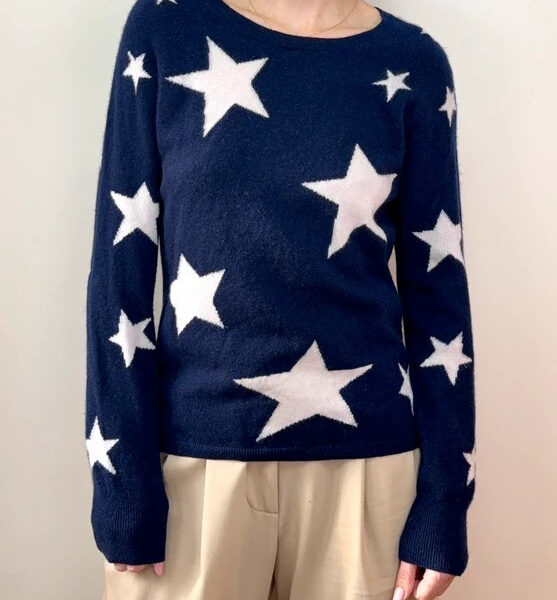 Cocoa Cashmere Womens navy white star 100% cashmere crewneck jumper UK 8-10
