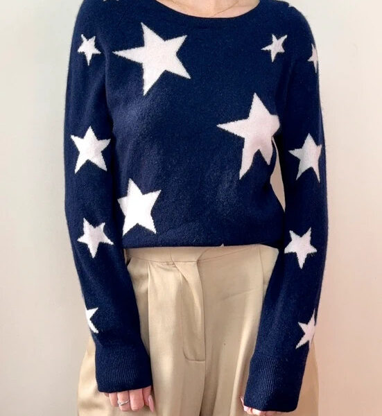 Cocoa Cashmere Womens navy white star 100% cashmere crewneck jumper UK 8-10
