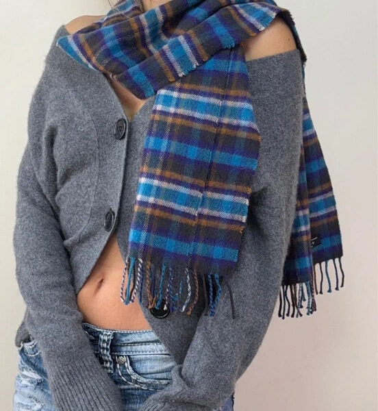 Vintage Scottish Pure 100% cashmere tartan fringe scarf blue plaid unisex luxury