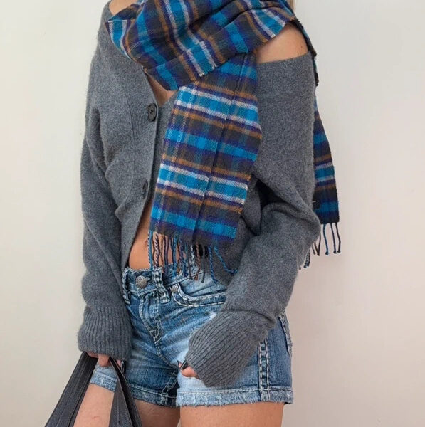 Vintage Scottish Pure 100% cashmere tartan fringe scarf blue plaid unisex luxury