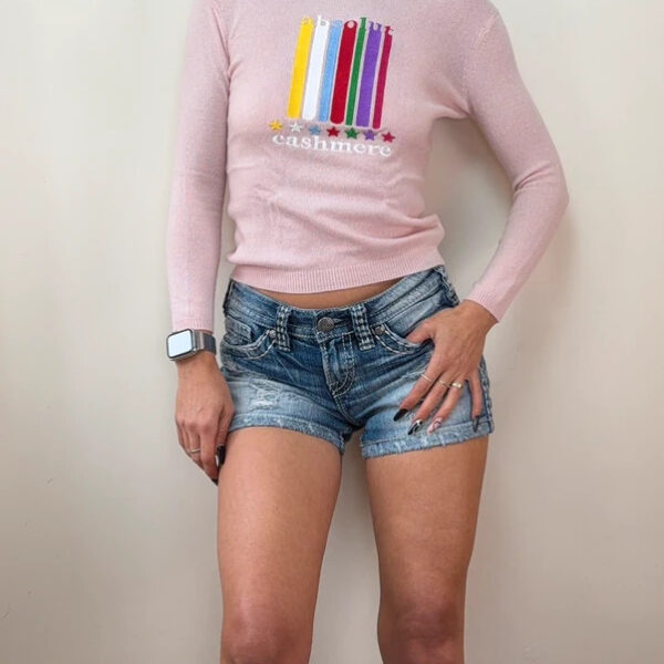 Absolut 100% Cashmere Womens blush pink embroidered rainbow fitted jumper UK 6-8