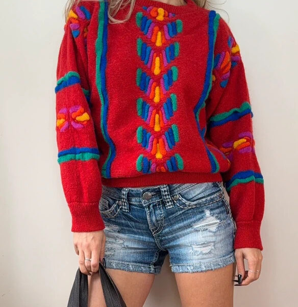 Tulchan 90s Womens 100% new wool red embroidered chunky boxy knit jumper UK 8-10