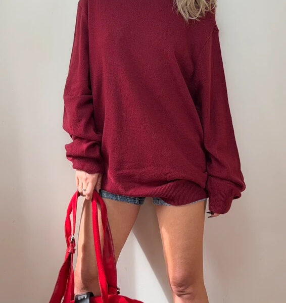 M&S Mens Burgundy extra fine lambswool crewneck jumper 2XL wool oversized slouch