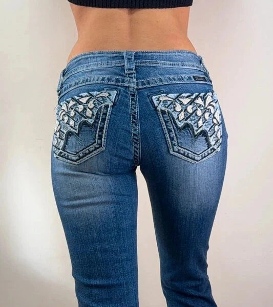 Miss Me Y2K Womens low rise 7”embellished embroidered bootcut jeans W26L32.5 UK8