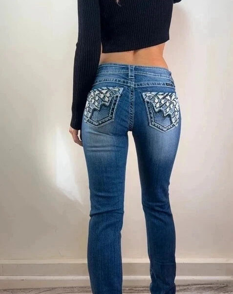 Miss Me Y2K Womens low rise 7”embellished embroidered bootcut jeans W26L32.5 UK8