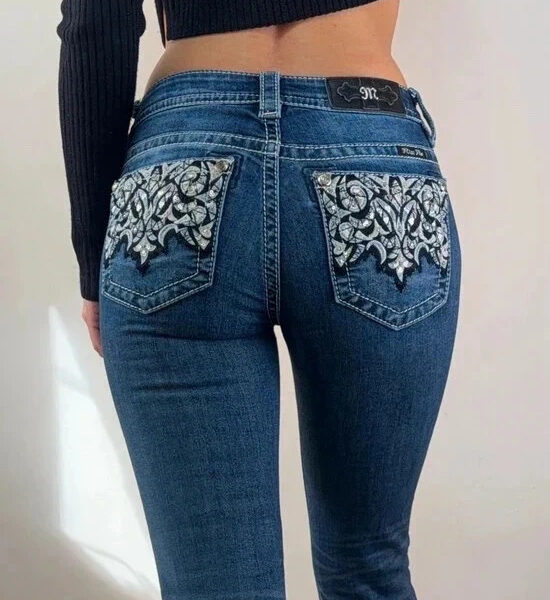 Miss Me Womens low rise 7.5”bootcut embroidered embellished jeans W25 L33.5 UK 8