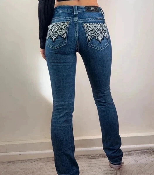 Miss Me Womens low rise 7.5”bootcut embroidered embellished jeans W25 L33.5 UK 8