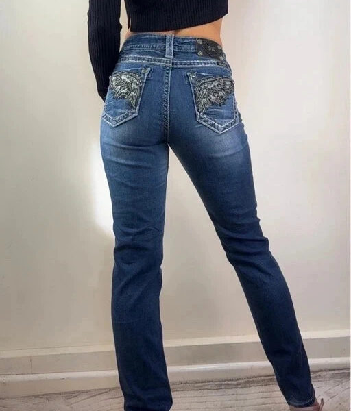 Miss Me Womens low rise 8.5” skinny jeans W30 L31 UK 12 wing embroidered Y2K 00s
