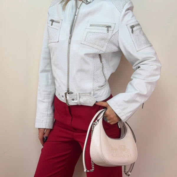 Frooty Beauty Womens White Leather Biker Zip Fitted Jacket UK 12-14 Moto Racer