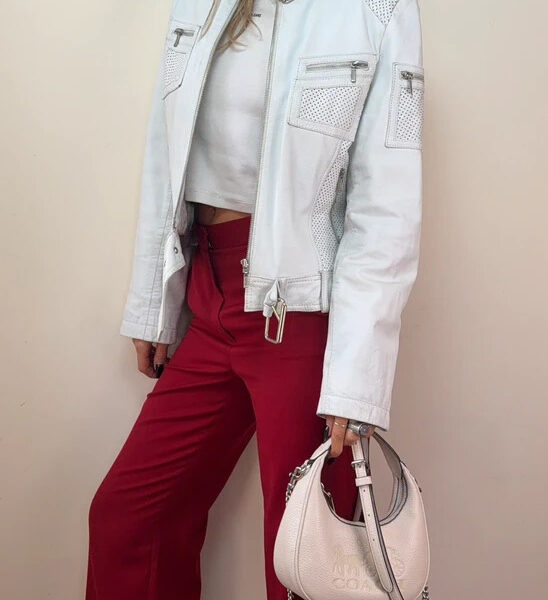 Frooty Beauty Womens White Leather Biker Zip Fitted Jacket UK 12-14 Moto Racer